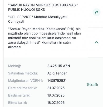 Samux Mərkəzi Xəstəxanasının "tibbi tullantıların" daşınmasına ayırdığı 3,4 milyonluq tenderi... - FOTO